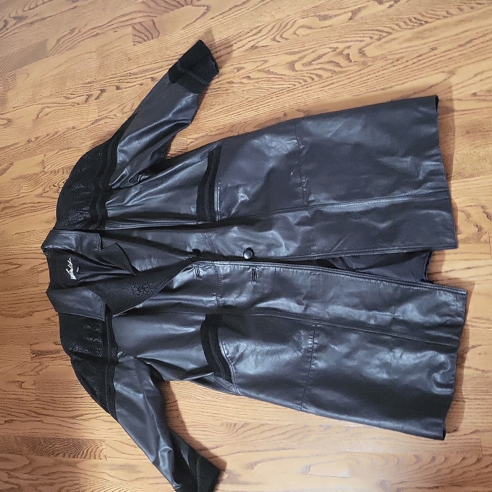Vintage WINLET womens 3x full length trench leather black coat W/ suede embellis
